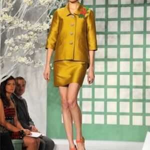 Oscar de la Renta Italian-Made Gold Satin Jacket & Skirt Set